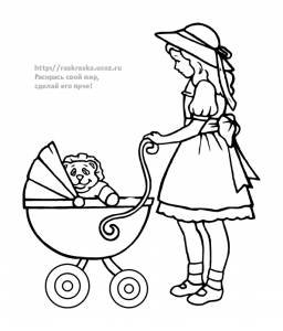 Раскраска девочка катает коляску с игрушкой