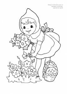 Раскраска Красная Шапочка собирает цветы