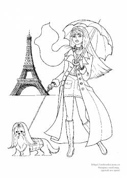 Раскраска девушка с собачкой гуляет по Парижу