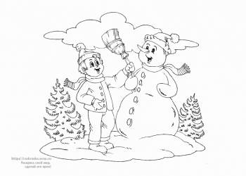 Раскраска мальчик лепит снеговика