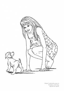 Раскраска девушка играет с собачкой