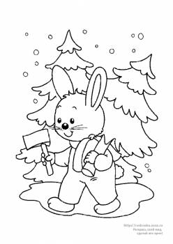 Раскраска заяц с ёлкой идет по зимнему лесу