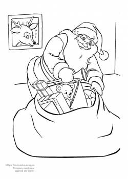Раскраска Дед Мороз собирает мешок с подарками