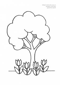 Раскраска дерево и цветы тюльпаны
