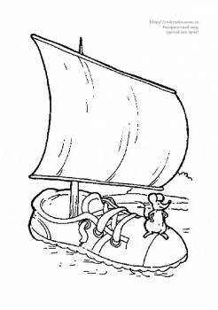 Раскраска мышонок плывет на корабле башмаке