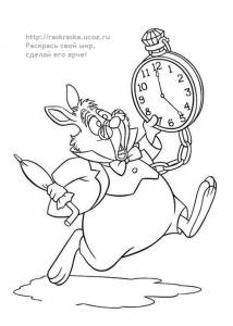 Раскраска из сказки Алиса в стране чудес Кролик с часами