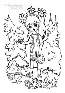 Раскраска девочка собирает грибы в лесу