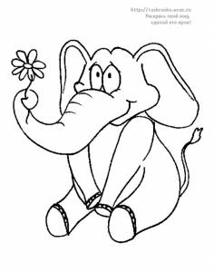 Раскраска сидящий слон с цветком