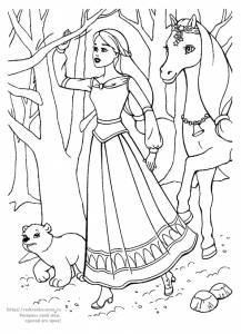 Раскраска принцесса гуляет по лесу