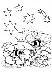Раскраска пчелка Майя и Вилли спят на цветах / Мультфильм 