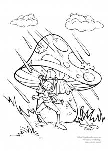 Раскраска кузнечик Флип прячется под грибом от дождя / Мультфильм 