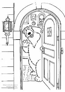 Раскраска медведь открывает дверь дома