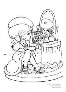 Раскраска маленькая девочка сидит перед зеркалом