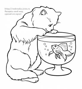 Раскраска кот ловит рыбку в аквариуме