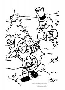 Раскраска Дед Мороз подарил подарок снеговику