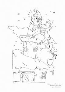 Раскраска Дед Мороз сидит на крыше с подарками