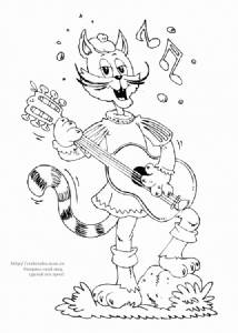 Раскраска поющий и играющий на гитаре кот
