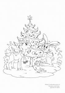 Раскраска новогодняя ёлка и животные