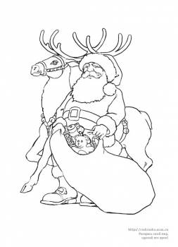 Раскраска Дед Мороз и олень развозят подарки