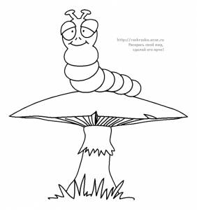 Раскраска гусеница сидит на грибе