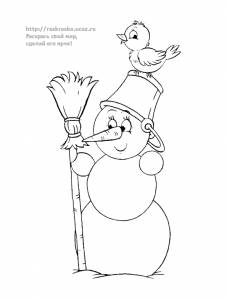 Раскраска Снеговик с метлой и воробьем