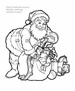 Раскраска Дед Мороз достает подарки из мешка