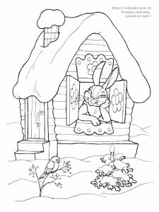 Раскраска заяц сидит в домике зимой