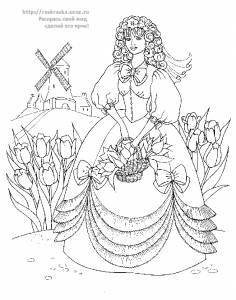 Раскраска принцесса с тюльпанами