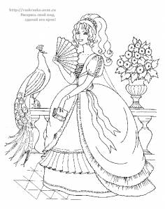 Раскраска принцесса с павлином и веером