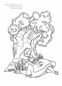 Раскраска из сказки Алиса в стране чудес (Алиса сидит под деревом)