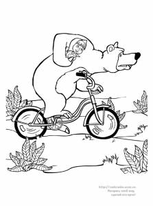 Раскраска Медведь везет Машеньку на велосипеде / мультфильм 
