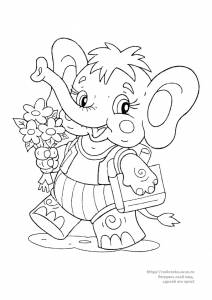 Раскраска слон с цветами идет в школу