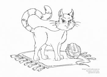 Раскраска кот на коврике с клубком ниток